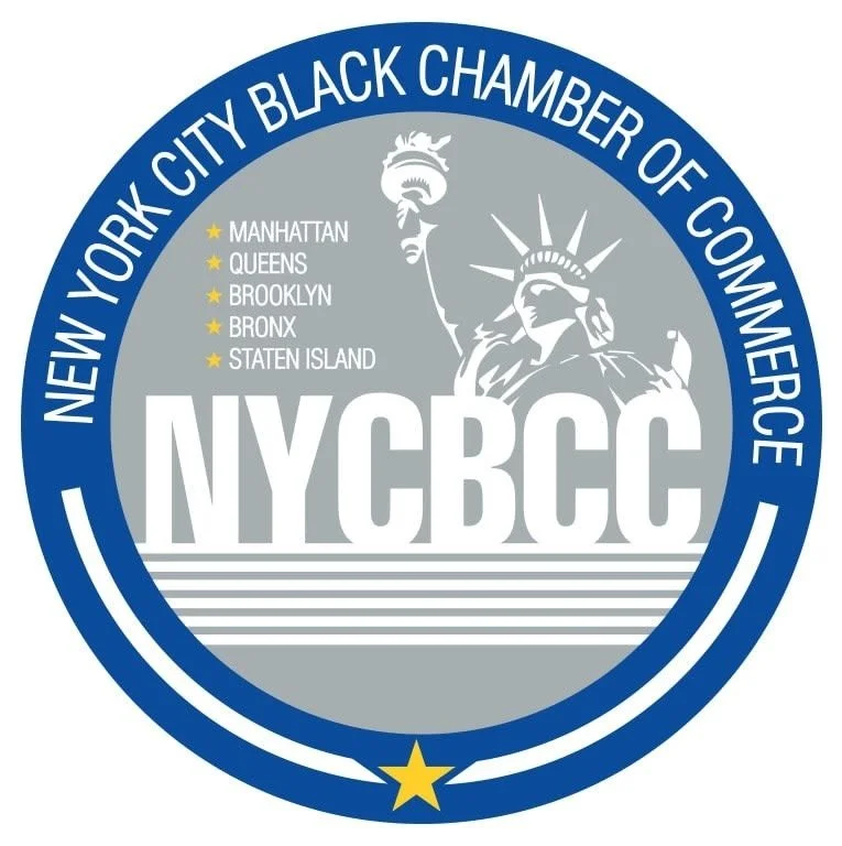 Emblem of the New York City Black Chamber of Commerce featuring a stylized Statue of Liberty and the text listing boroughs: Manhattan, Queens, Brooklyn, Bronx, Staten Island, with the acronym NYC BCC below and a yellow star at the bottom.