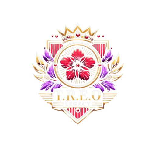 A decorative emblem featuring a red flower with purple flowers and gold accents, with the text 'T.R.E.O' and 'LEGACY'.