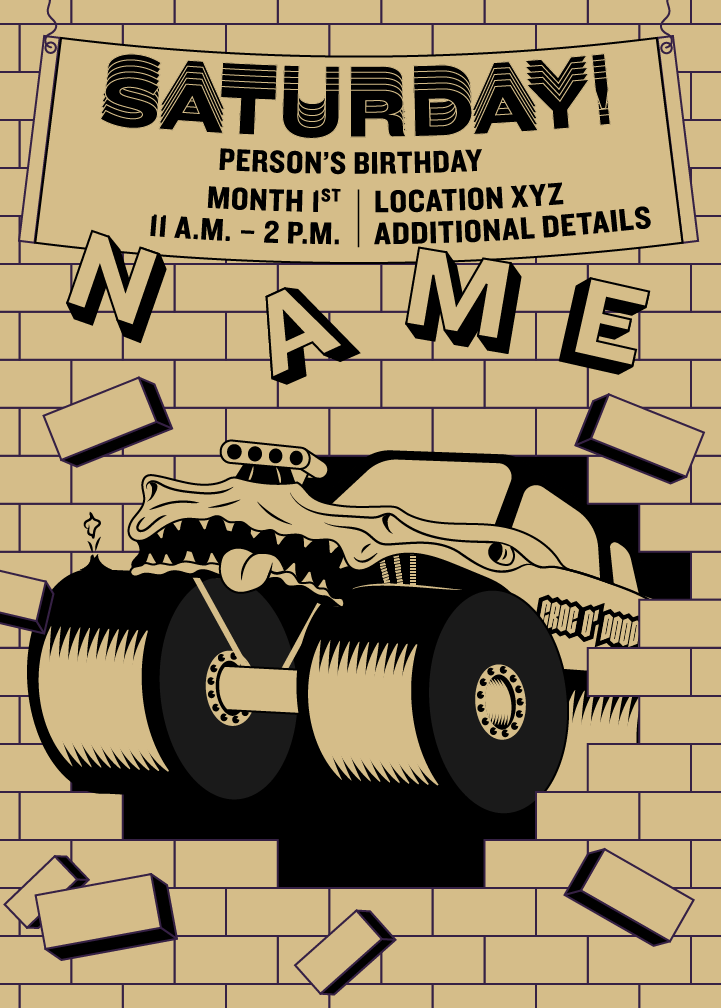 A poster featuring a cartoon alligator driving a tank through a brick wall, with the word 'NAME' spelled out in 3D block letters around the scene. The top of the poster has a banner with event details for a Saturday birthday party.