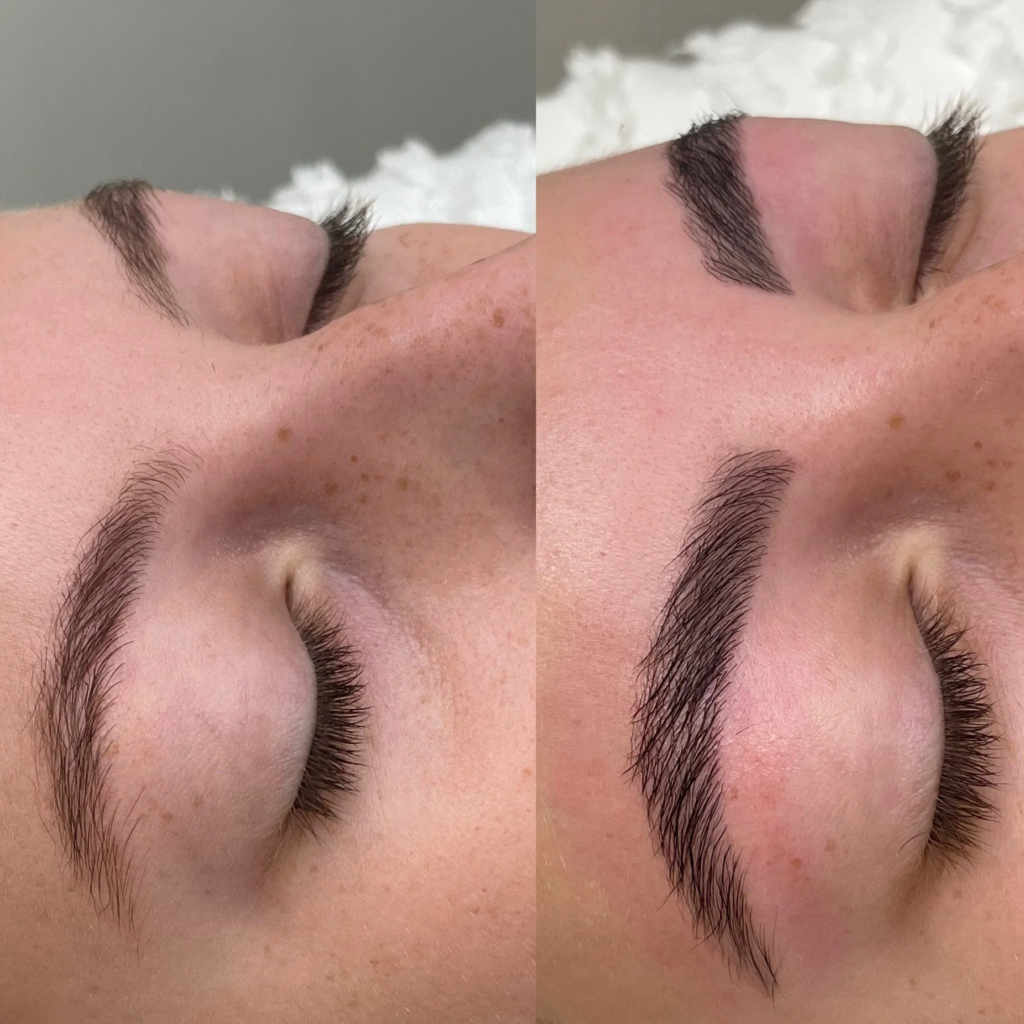 Close-up of a woman's face with a side-by-side comparison of her eyebrows before and after cosmetic eyebrow enhancement, showing fuller and more defined eyebrows on the right.