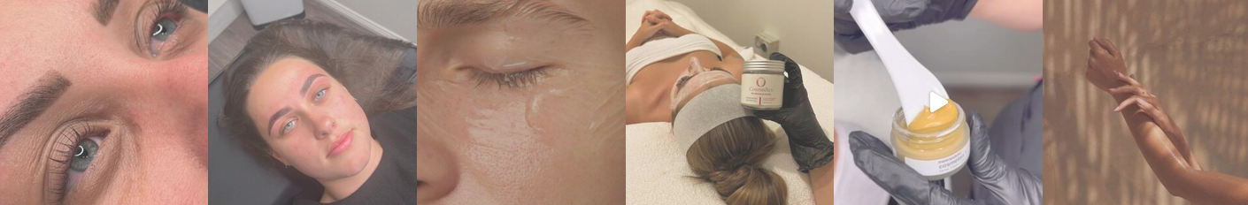 Close-up of a woman's face showing her eye makeup, a woman receiving a facial treatment, a close-up of a woman's eye with serum being applied, a woman lying on a treatment bed receiving a facial, a hand applying face cream, and a woman stretching outdoors.