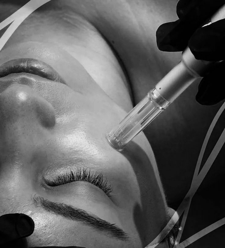 A person receiving a cosmetic procedure on their forehead with a handheld device, lying down with eyes closed, in a clinical setting.