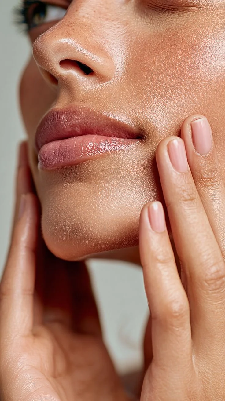 Close-up of a woman's face with her fingers gently touching her cheek, showing smooth skin, full lips, and a soft facial expression.