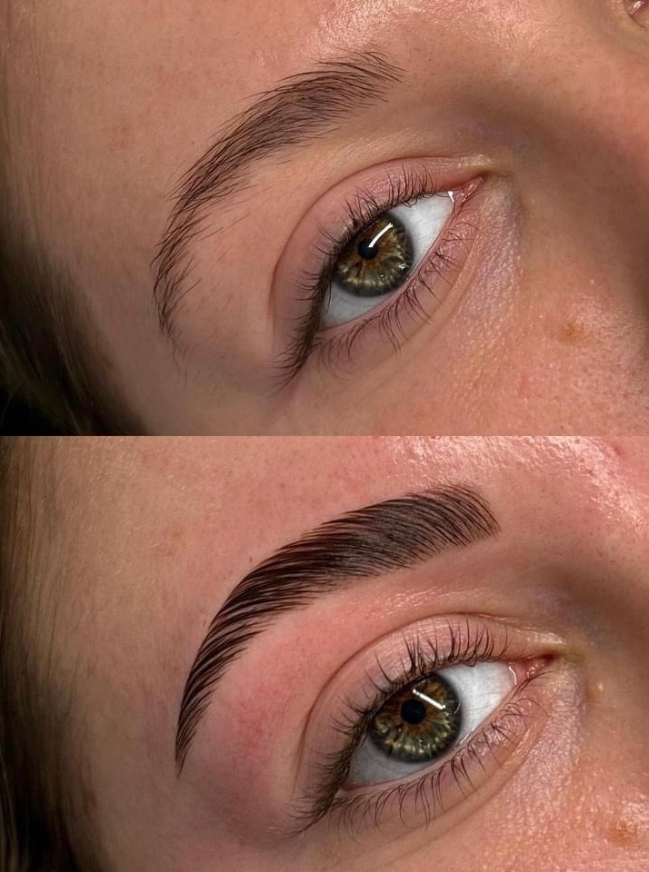 Close-up of a person's eye and brow, showing before and after of eyebrow grooming.