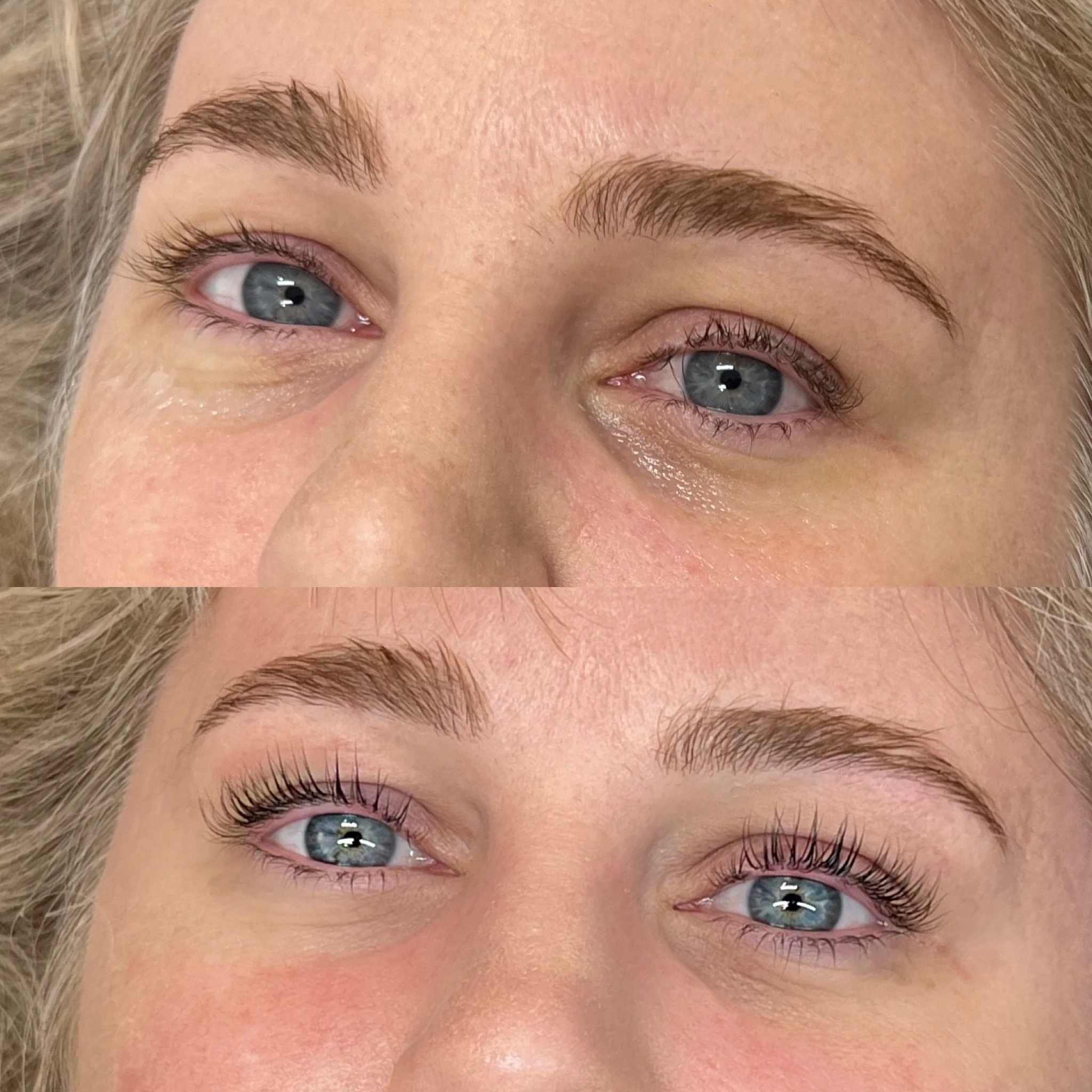 A before and after comparison of a woman's eye area, showing the effect of eyelash lifting and tinting. The top image shows natural, unaltered eyelashes, while the bottom image shows longer, darker, and more curled eyelashes, with the woman's eye par