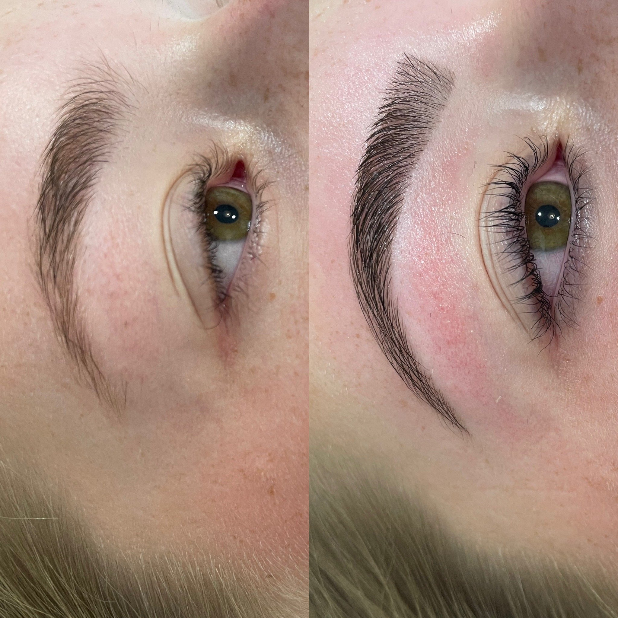 Close-up image showing before and after comparison of an eyebrow transformation, with the left side displaying natural, sparse eyebrows and the right side showing well-defined, filled-in eyebrows.