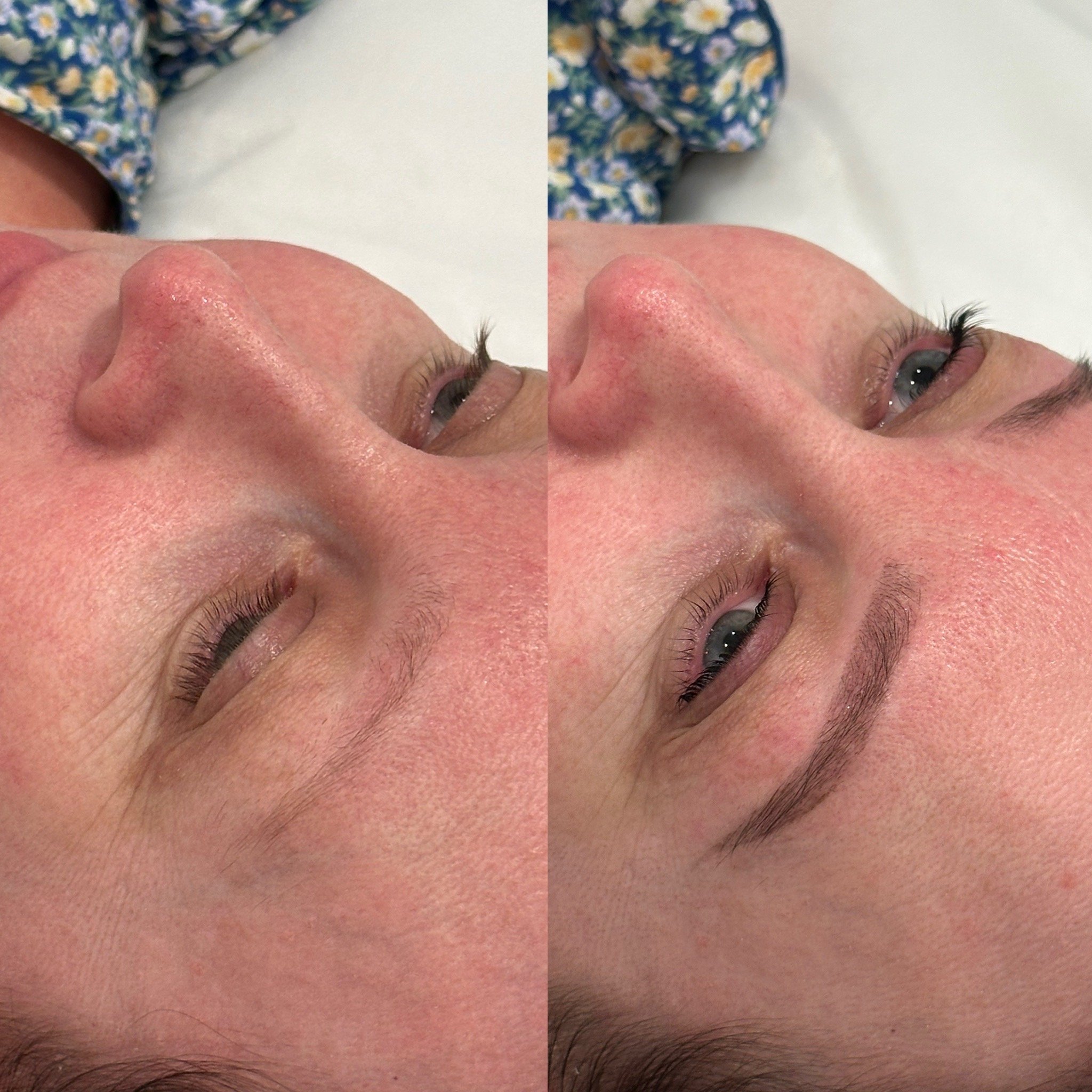 Side-by-side comparison of a woman's face, showing her before and after eyebrow microblading procedure. The left side displays natural eyebrows, while the right side shows darker, more defined and fuller eyebrows.