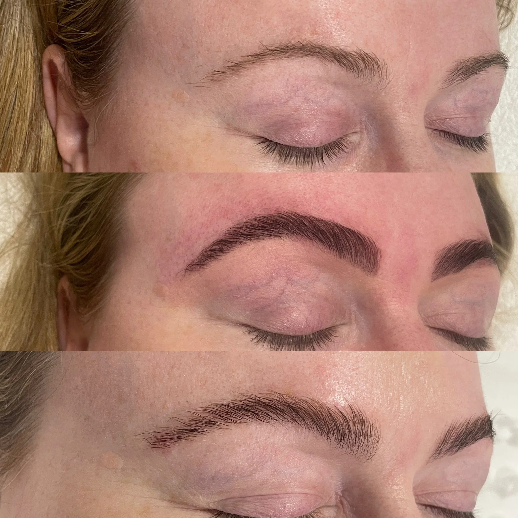 Close-up images of a person's eyebrows before and after microblading treatment. The top image shows sparse eyebrows, the middle shows eyebrows after initial microblading strokes, and the bottom displays the final, well-defined eyebrows with a natural