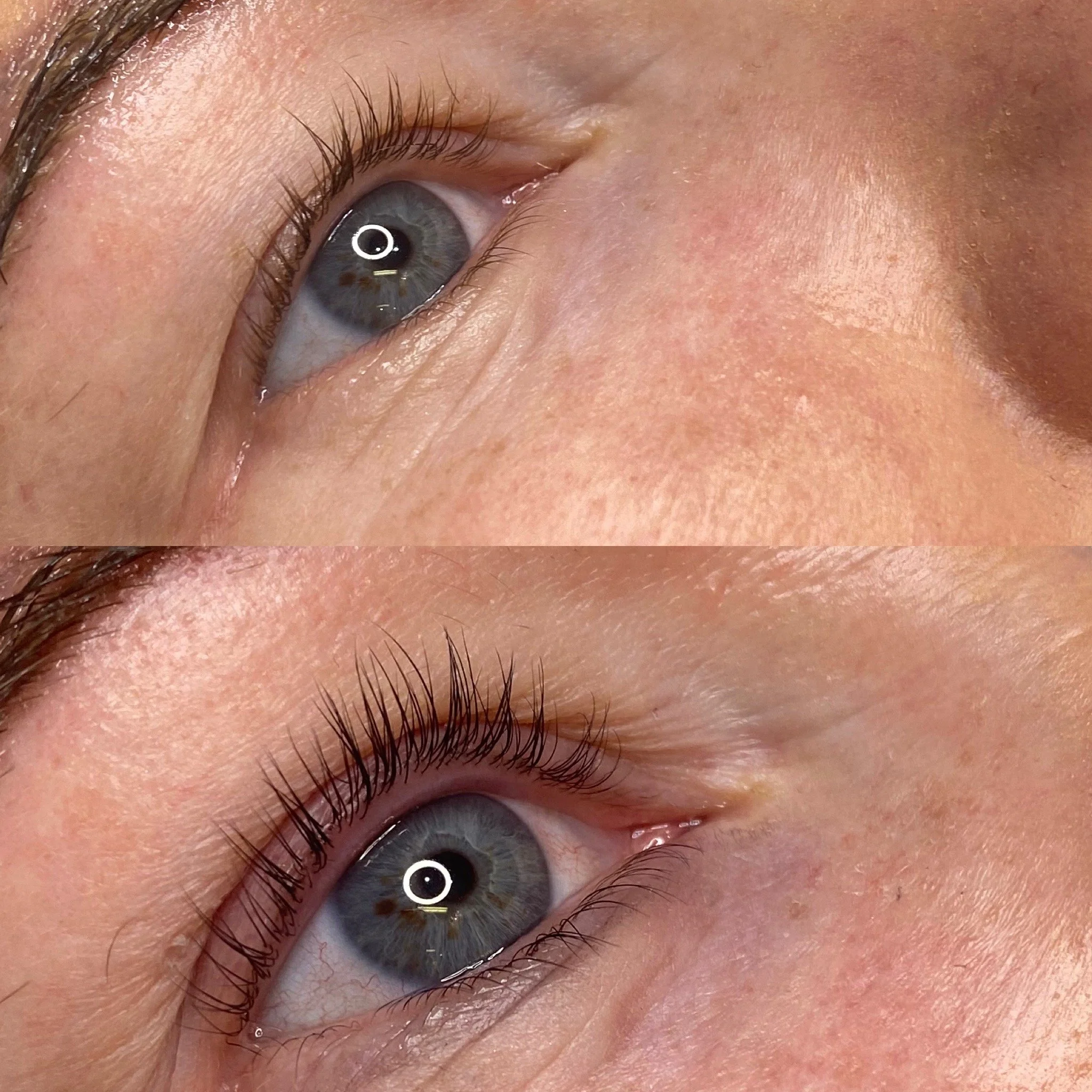 Close-up of a person's eye showing before and after eyelash lifting or curling with enhanced eyelashes in the second image.