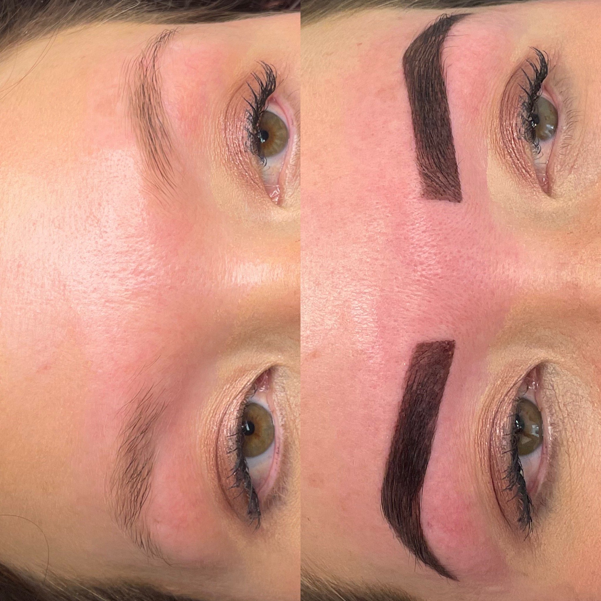 Close-up of a person's eyes before and after eyebrow makeup application, showing natural eyebrows on the left and dark, shaped eyebrows on the right.