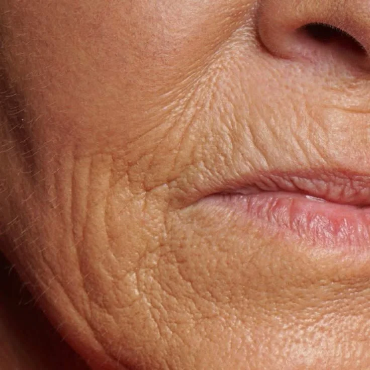 Close-up of mature person's skin around lips showing wrinkles and fine lines.