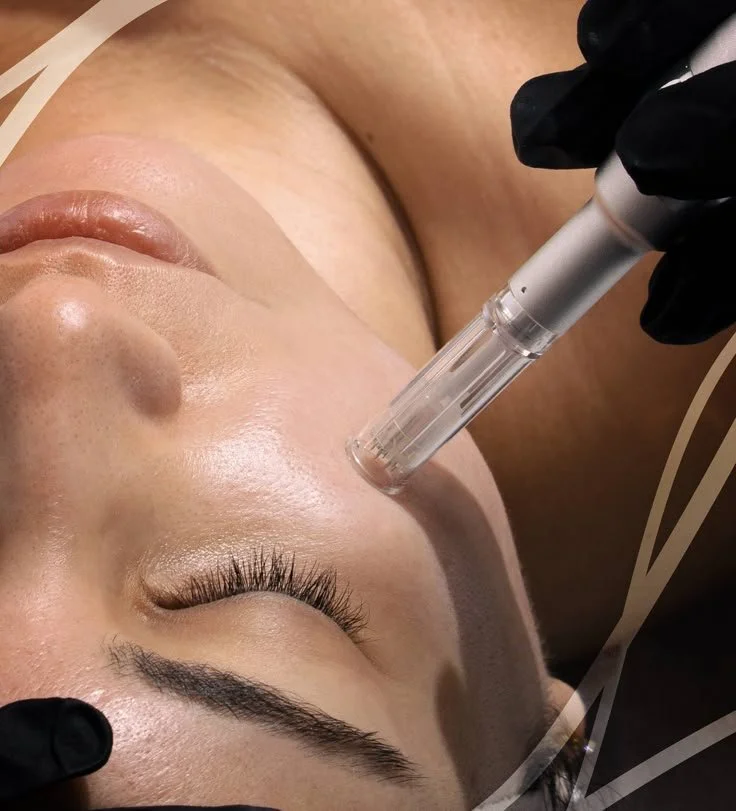 A woman receiving a cosmetic facial treatment with a syringe-like device on her nose, lying down with eyes closed.