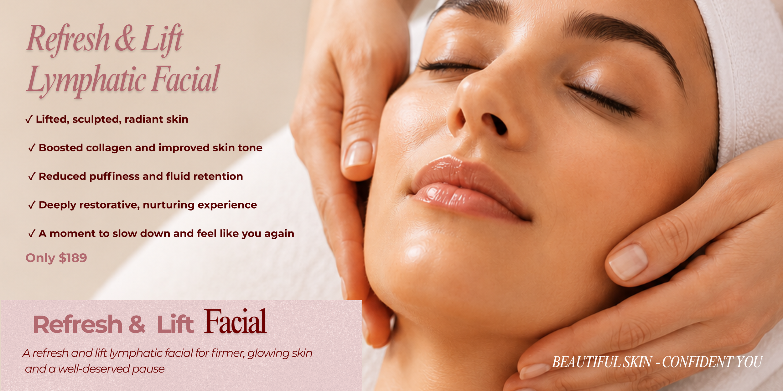 Close-up of a woman receiving a facial massage, with text on the left promoting a lymphatic facial treatment for rejuvenation and relaxation.