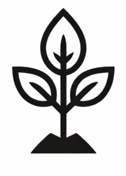 A black and white logo of a plant with three leaves.
