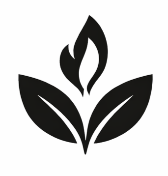Silhouette of a flame above three leaves.