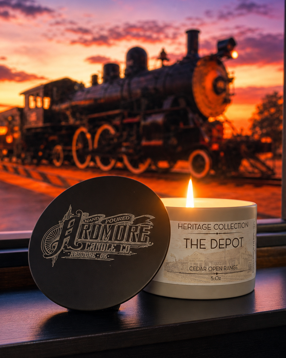 The Depot hand-poured soy candle inspired by Ardmore Oklahoma railroad history – Heritage Collection