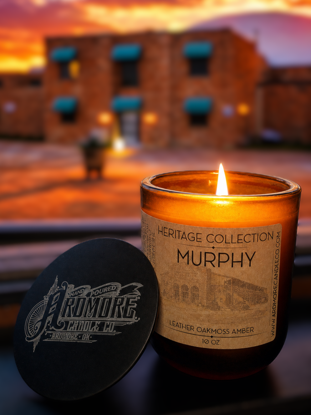 Murphy soy candle with Leather, Oakmoss, and Amber scent inspired by Hardy Murphy Coliseum, Ardmore OK