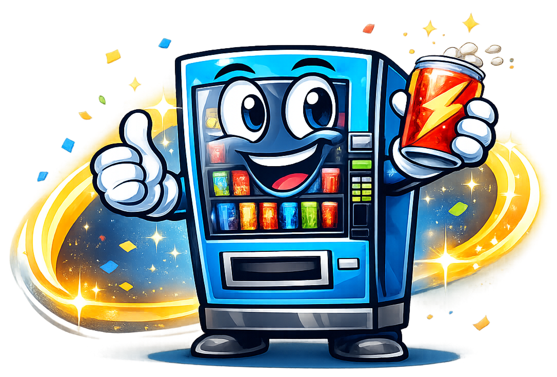 Cartoon vending machine character with human-like features, smiling, giving a thumbs-up, and holding a beverage can with a lightning bolt symbol, surrounded by sparkles and glowing swirls.