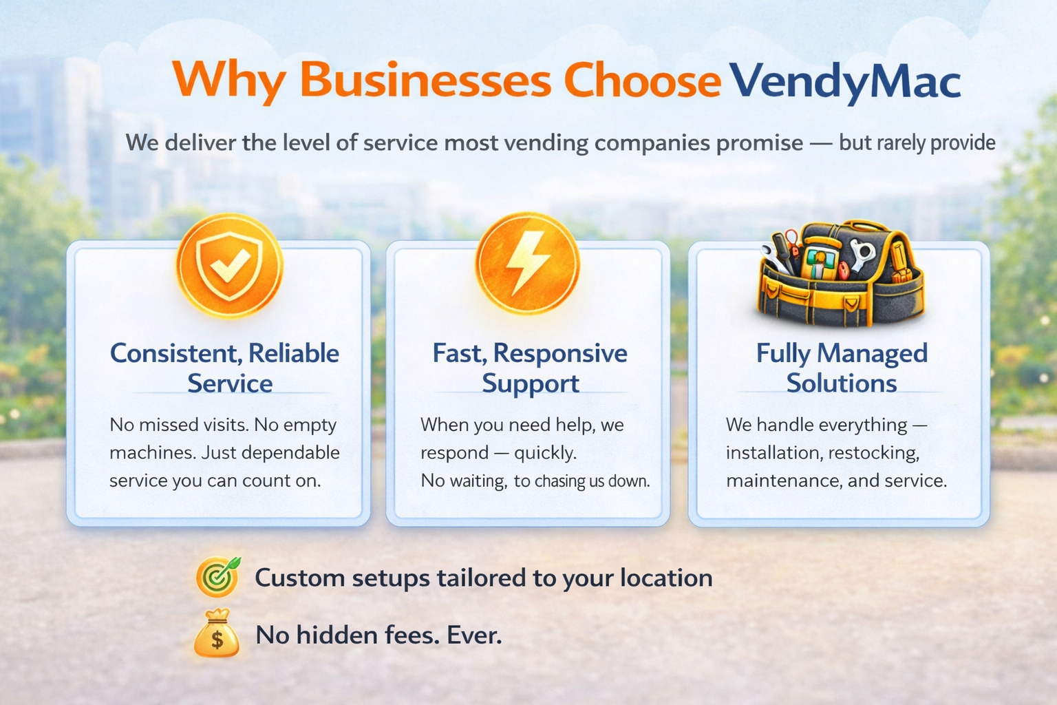 A promotional infographic for VendyMac highlighting reasons why businesses should choose their services. Features three sections: reliable service with shield icon, fast support with lightning bolt icon, and managed solutions with toolbox icon. Contains additional icons indicating tailored setups and no hidden fees.