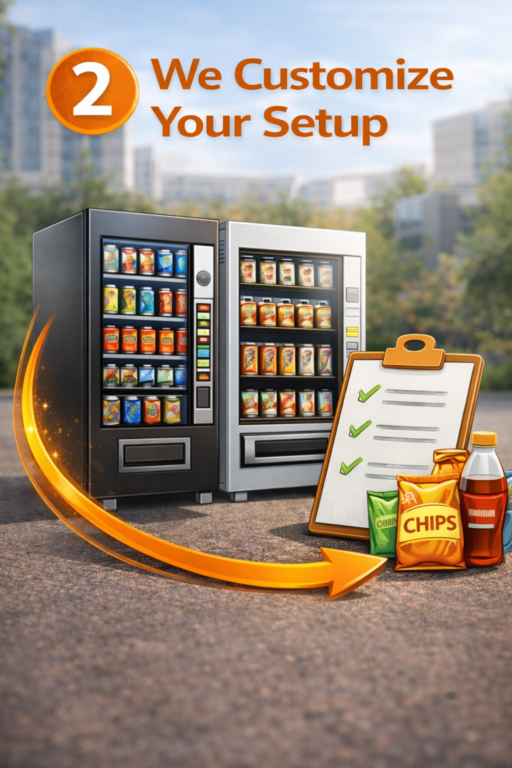Two snack vending machines, a checklist with green checkmarks, chips, a soda bottle, and a bag of chips on an outdoor surface with a cityscape background.