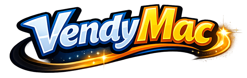 Vendy Mac logo with stylized blue and orange text and a glowing, swirling trail.