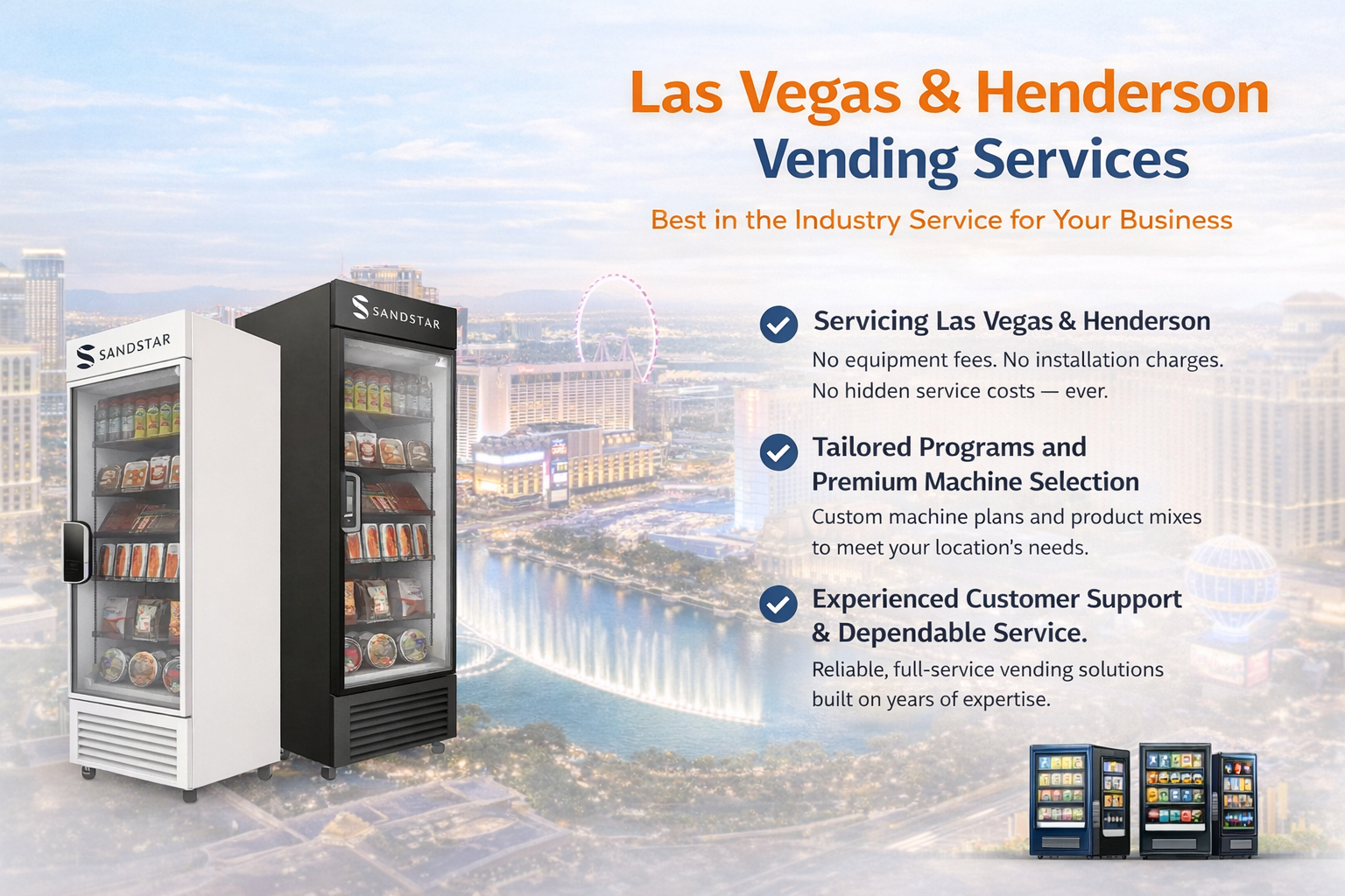 Vending machines with cityscape of Las Vegas and Henderson in the background, promotional flyer for vending services highlighting service areas, tailored programs, and customer support.