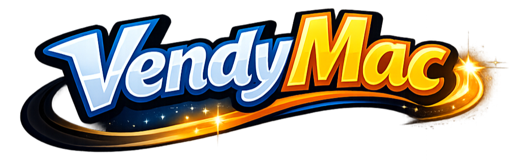 Vendy Mac logo with colorful text and stars with a swirling rocket-like trail.