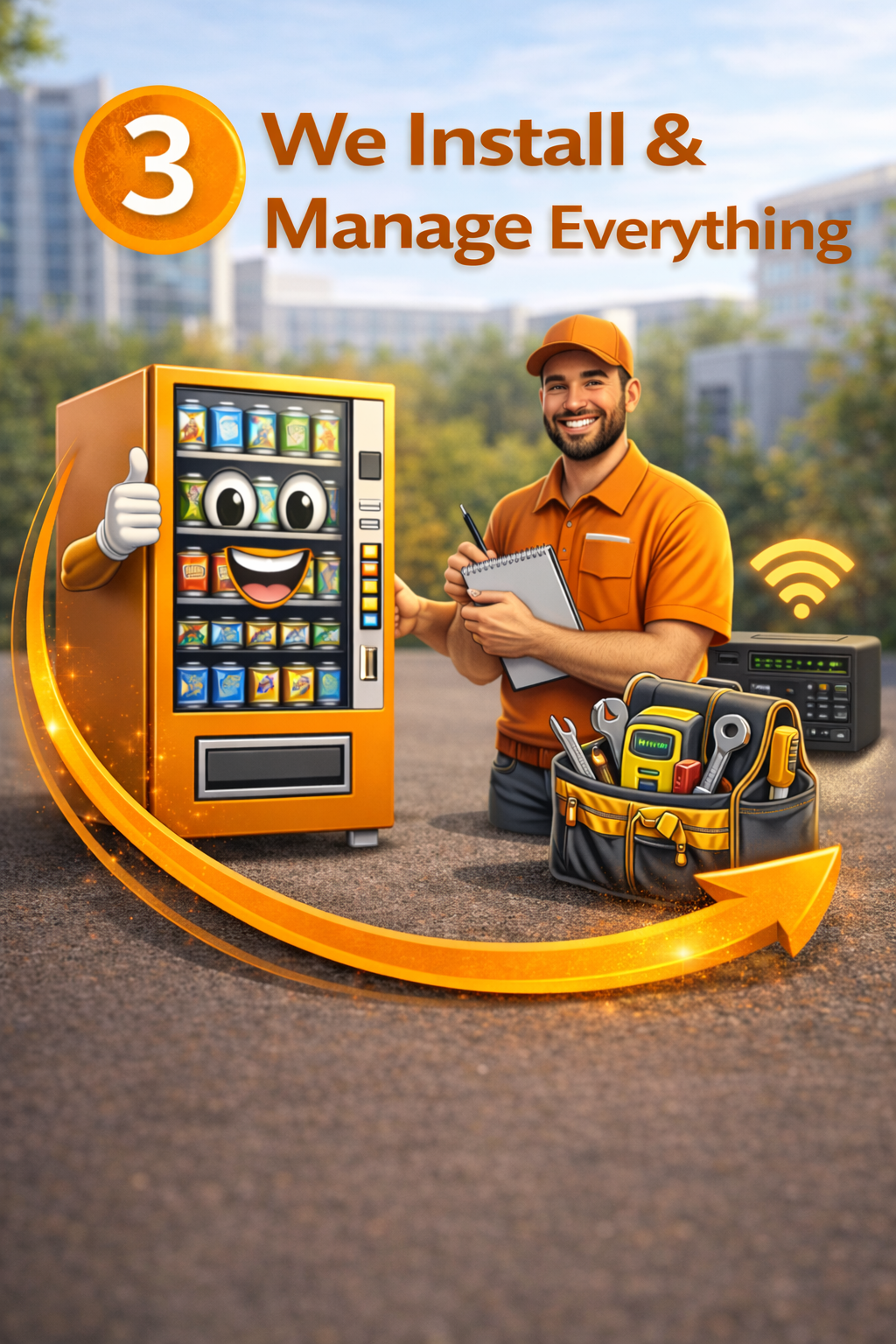 A smiling delivery worker in an orange uniform with a clipboard, kneeling next to a vending machine with a face and arms, in an outdoor urban setting, with tools and a communication device nearby, and a large orange arrow wrapping around the scene, with text '3 We Install & Manage Everything'.