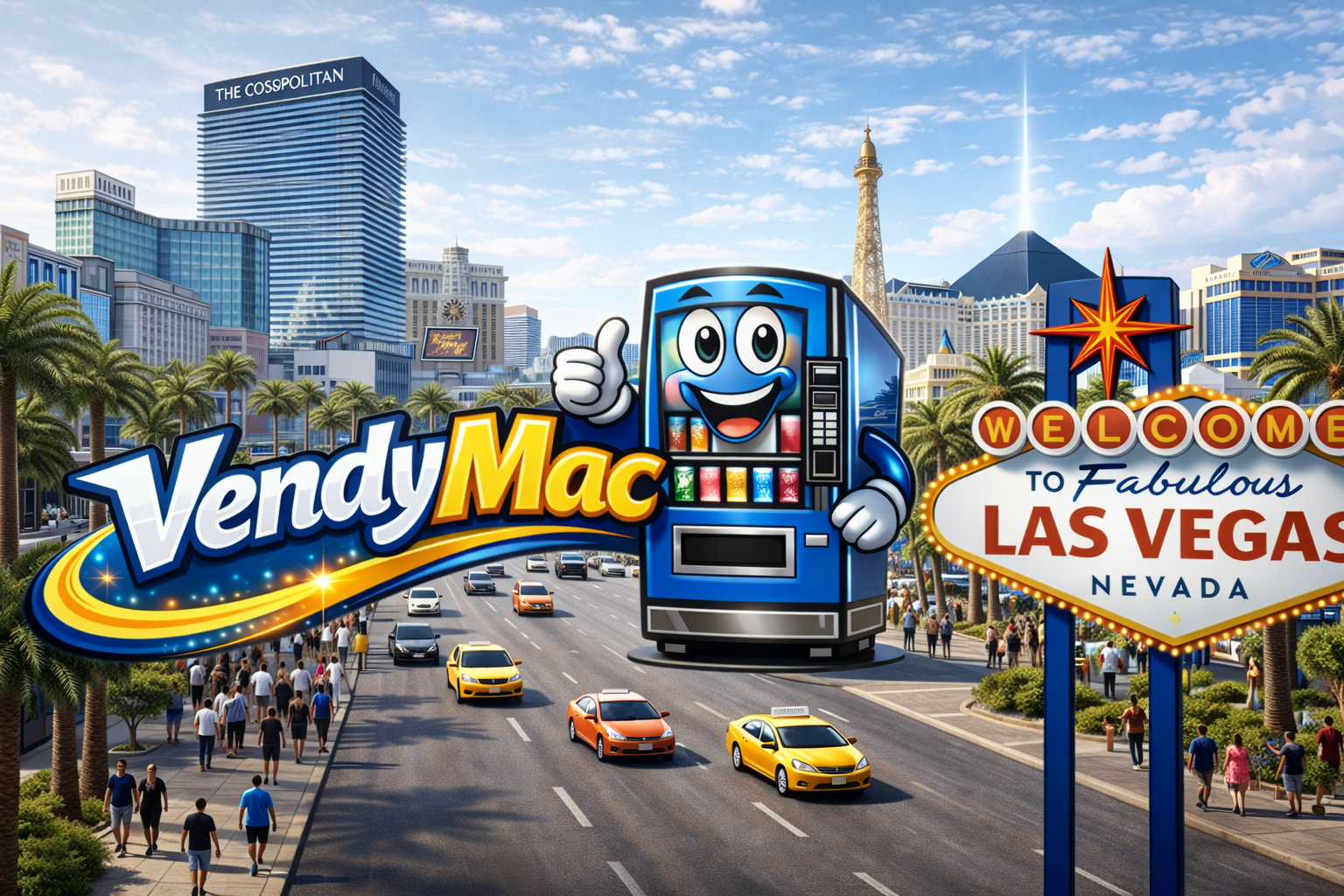 Illustration of Las Vegas street scene featuring a cartoon vending machine character giving a thumbs up, with the words 'Vendy Mac' in colorful text and a large sign saying 'Welcome to Fabulous Las Vegas Nevada' in the background, along with palm trees and tall city buildings.