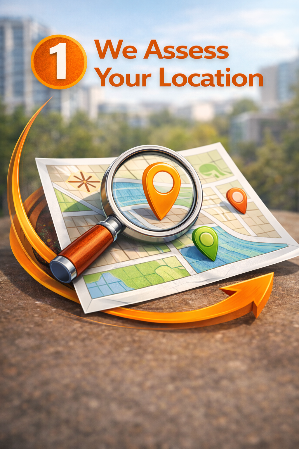 A map with colorful location markers, a magnifying glass, and an orange curved arrow, with the text 'We Assess Your Location' and the number 1 in an orange circle.