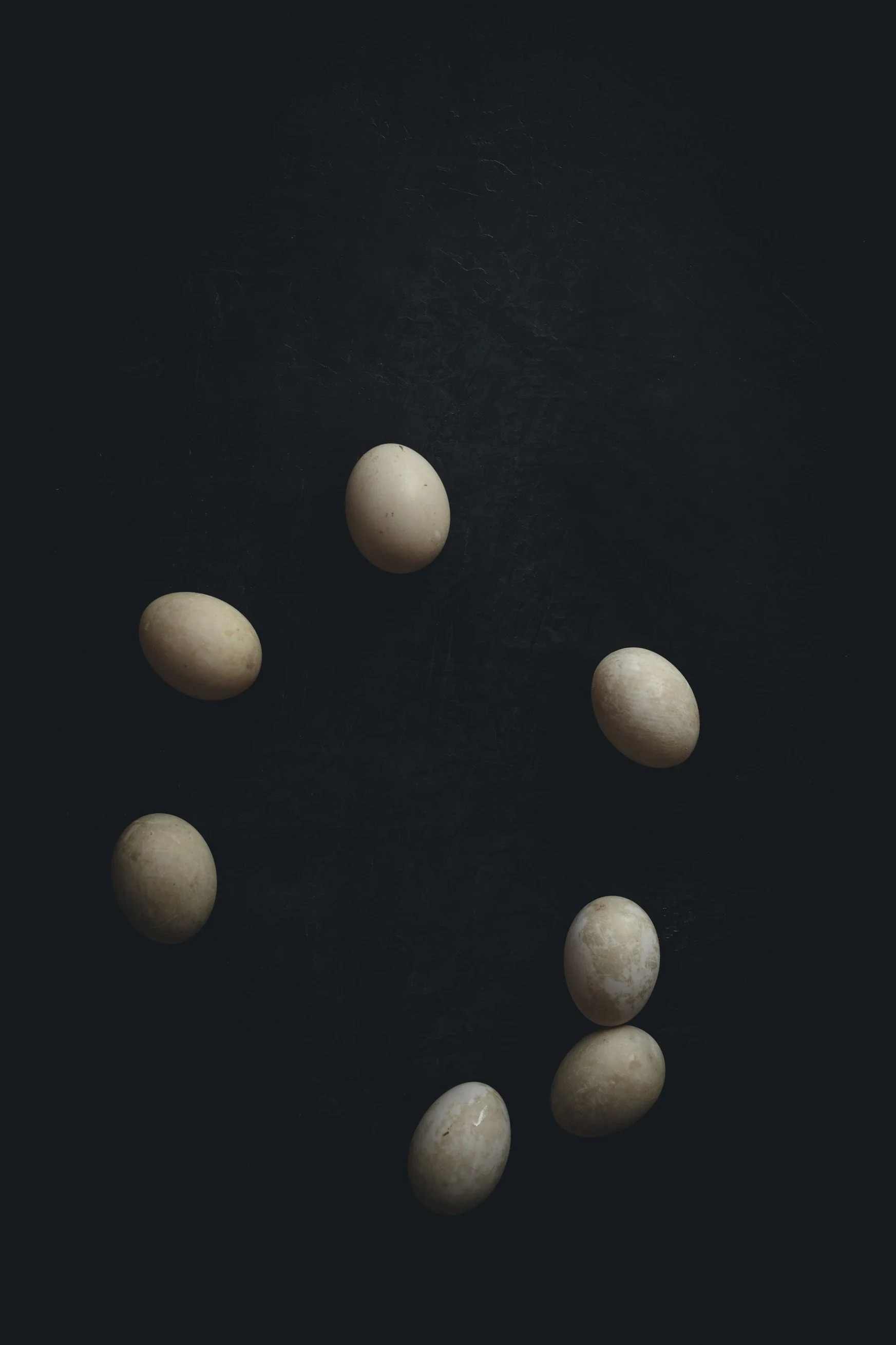 Six eggs scattered on a dark surface.