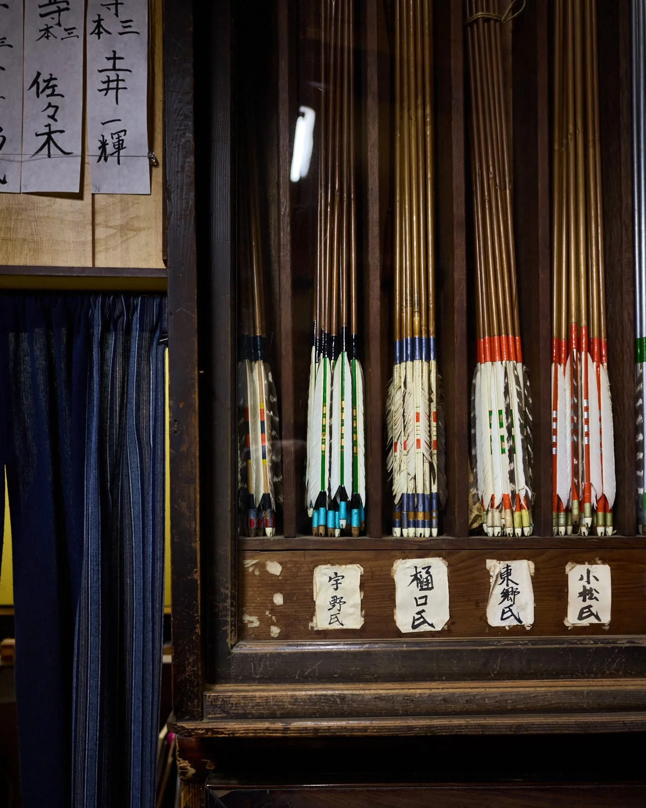A wooden display shelf holding traditional Japanese archery arrows with colorful fletchings, organized by size and type, with handwritten labels in Japanese.