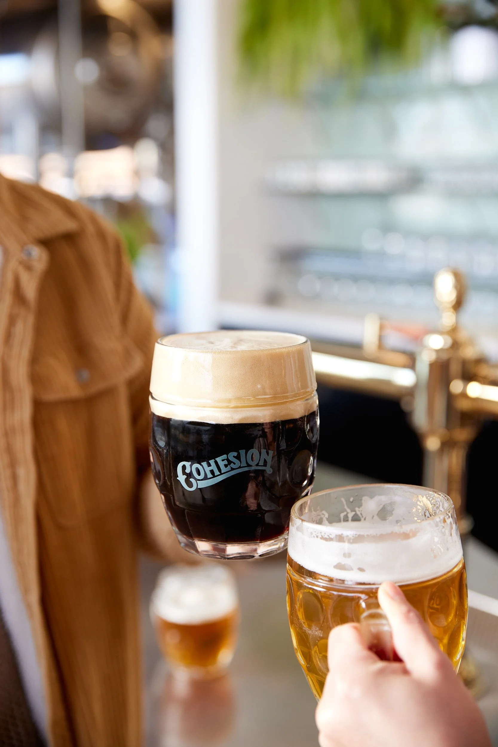 Two patrons holding Czech style beers at Cohesion Brewing in Denver Colorado
