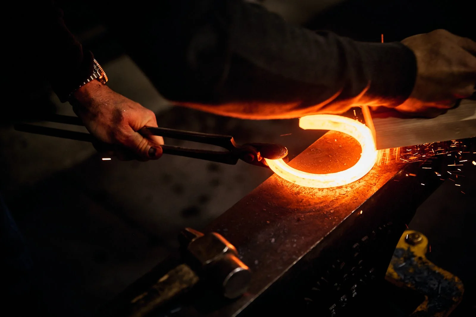 A farrier heats a metal horseshoe glowing red hot in a forge while sparks fly from the workpiece.