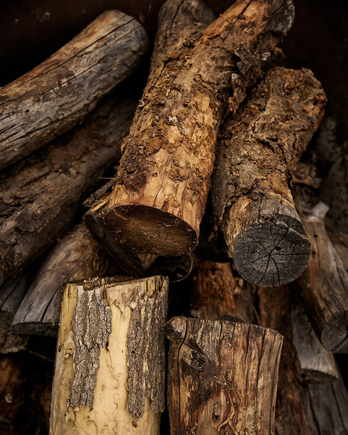 Close-up of stacked firewood logs with rough, textured bark and some aged, cracked wood surfaces.