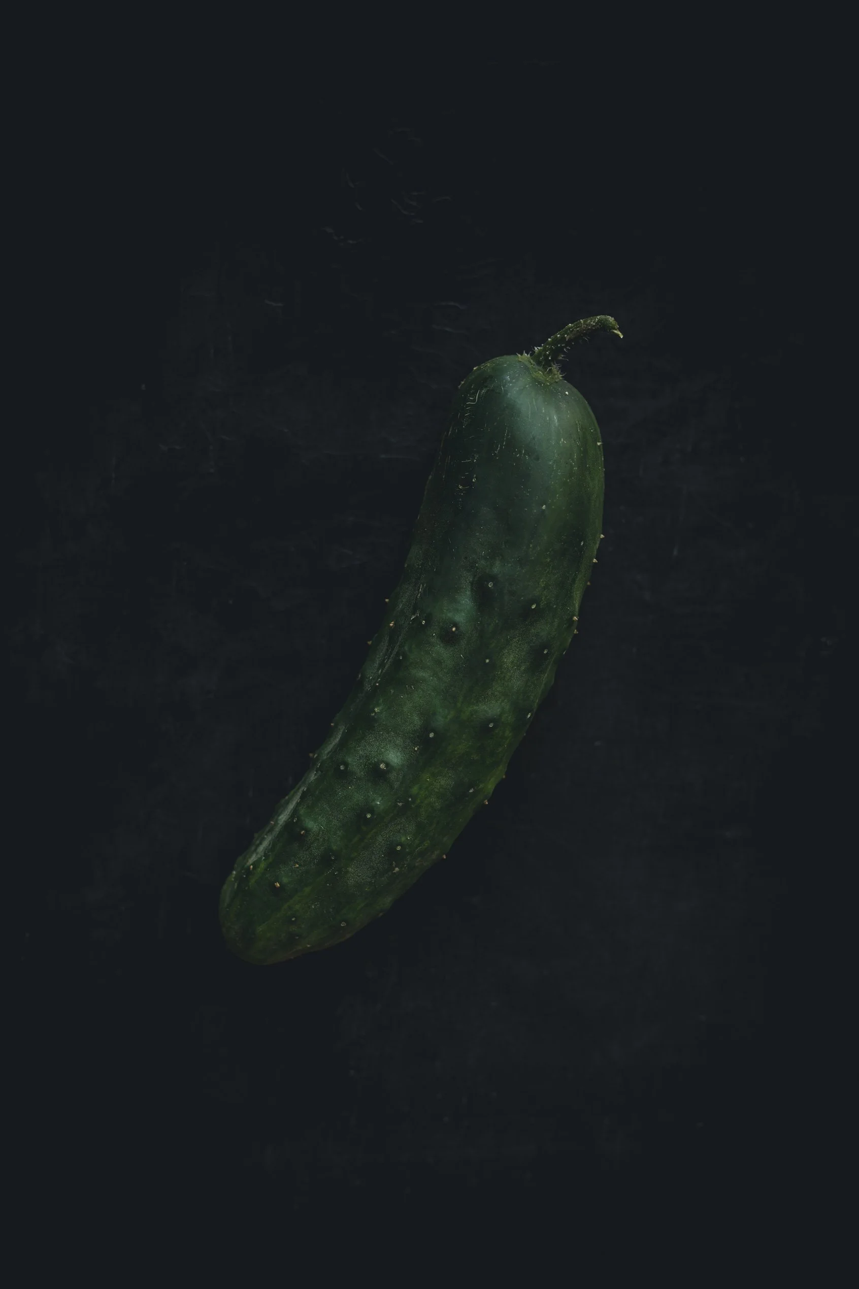 A dark green cucumber with a curved stem on a black background.