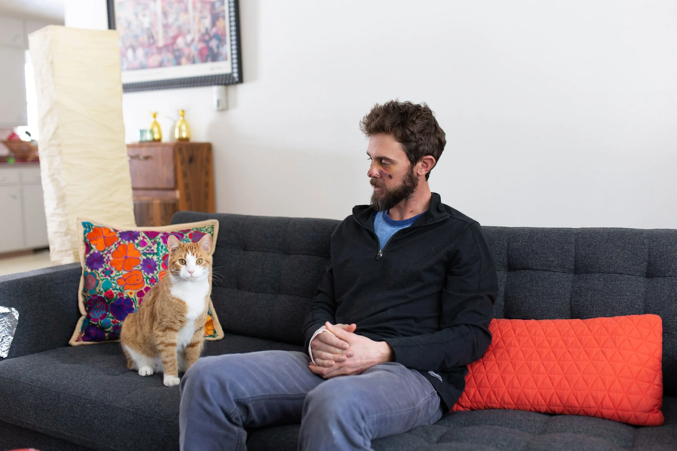A man with a beard and dark hair sits on a gray couch, looking at a ginger cat sitting beside him. The couch has a colorful embroidered pillow and an orange pillow. 