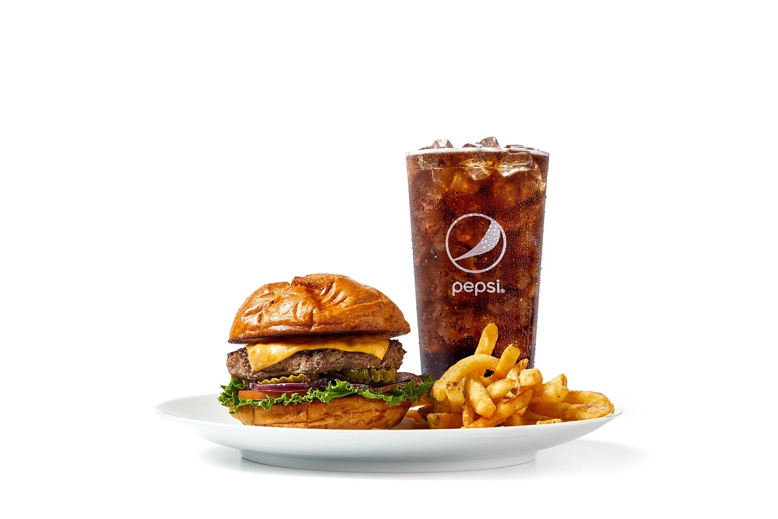 Hamburger, fried and a Pepsi fountain soda on a white background