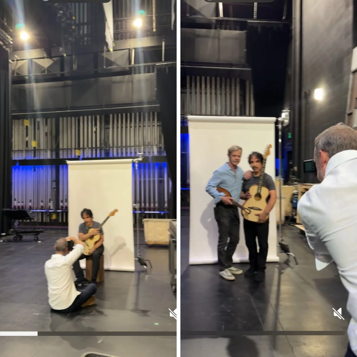 William H. Macy and John Oates, pose for photographer John Robson in front of a white backdrop backstage