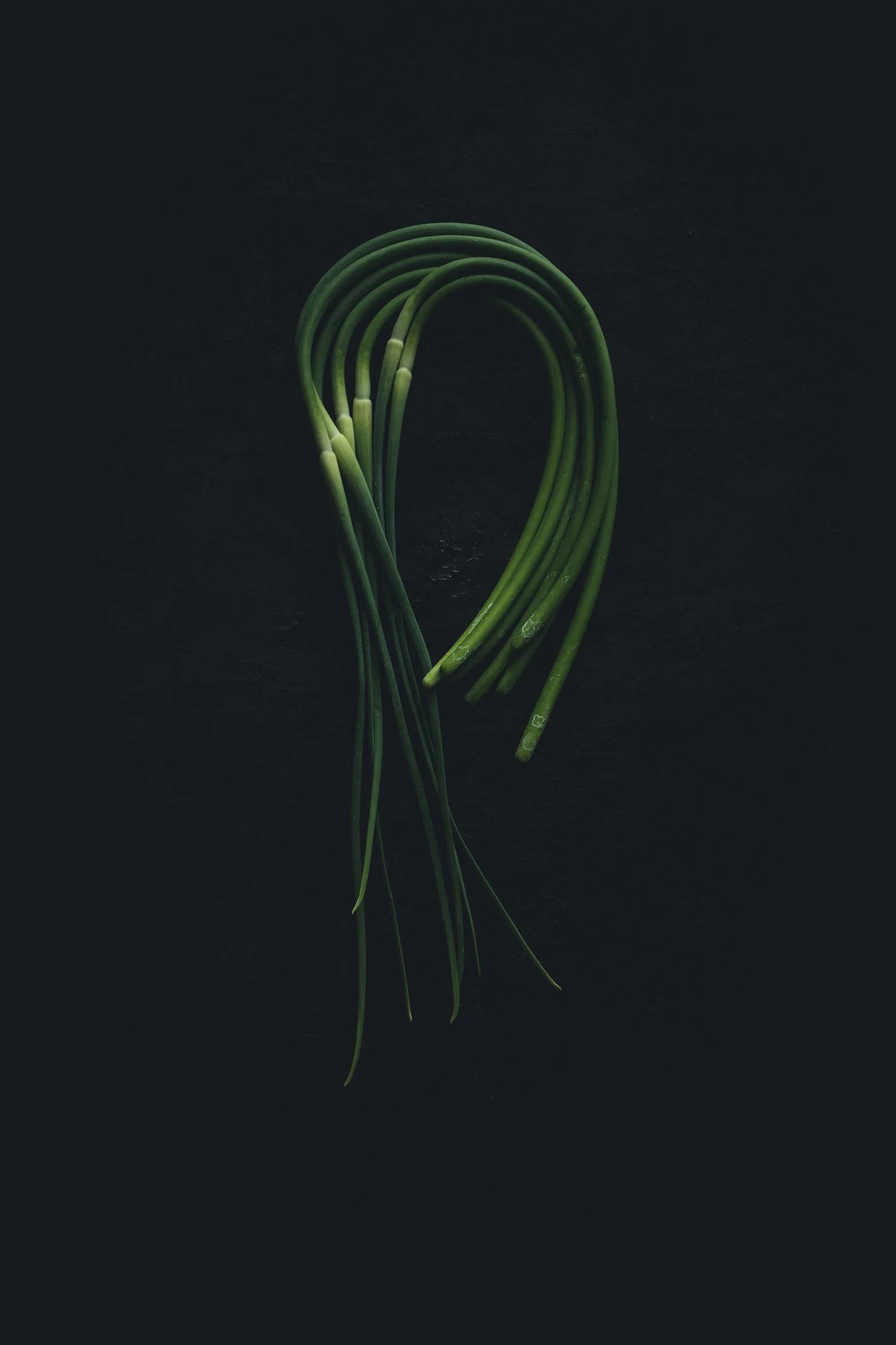 Fresh green garlic scapes arranged in the shape of the number nine on a dark surface.