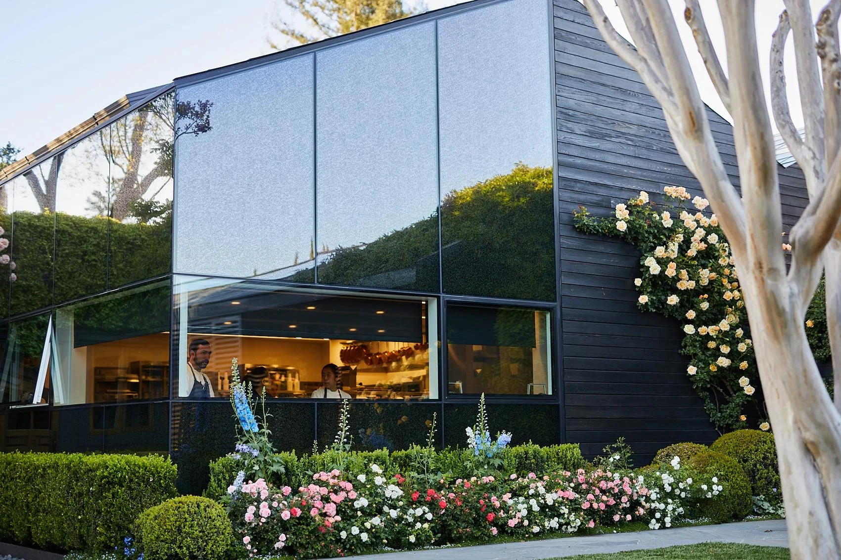 Modern house with black exterior walls and large glass windows, surrounded by flowering bushes and trees, with two people visible inside through the windows.