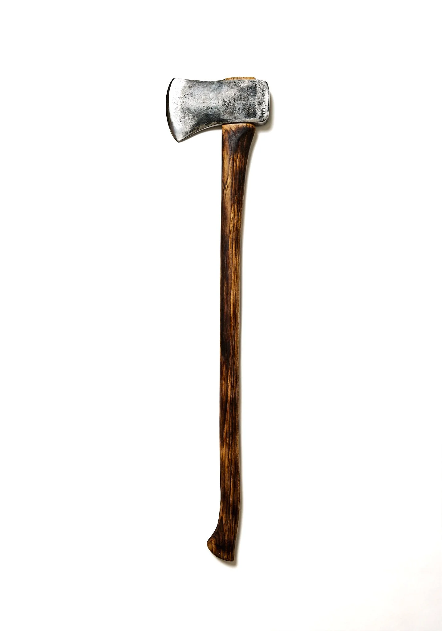 A close-up of an axe with a wooden handle and a metal head, isolated on a white background.