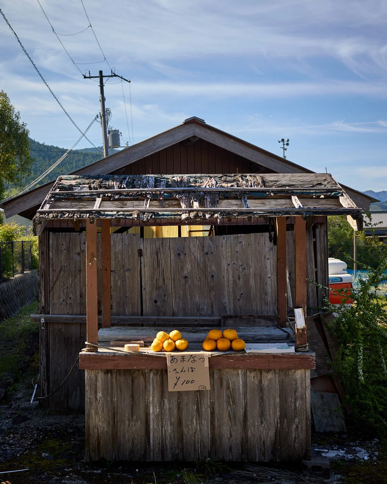 A small wooden stand selling yellow citrus fruits in front of a weathered wooden shed in a rural area with a mountain view in the background.