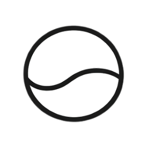 Simple black circle logo with a curved line inside resembling a wave or a balance scale.