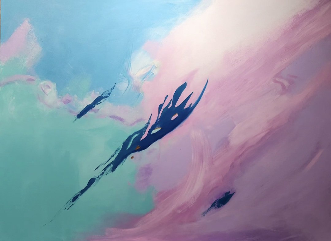 Abstract painting with shades of blue, pink, and purple, featuring dark brushstrokes and a suggestive silhouette that resembles a bird or dragon in flight.