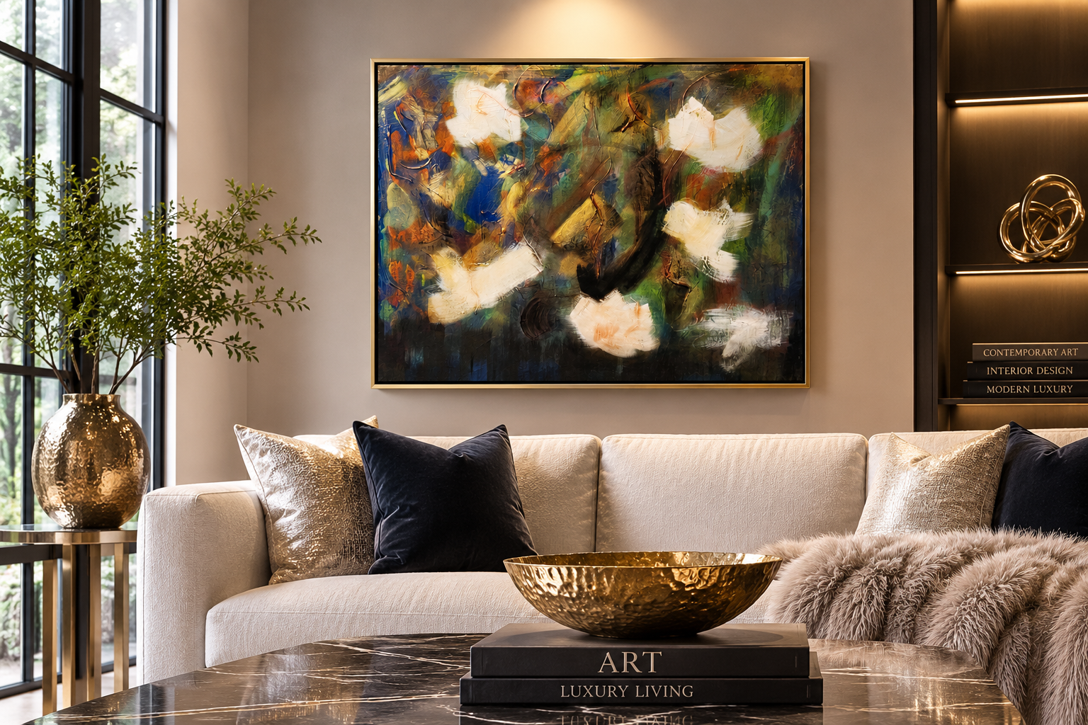 Modern living room with an abstract painting on the wall, beige sofa with gold and dark pillows, a gold vase with greenery, a marble coffee table with decorative books and a gold bowl, and built-in shelves with art books and sculptures.