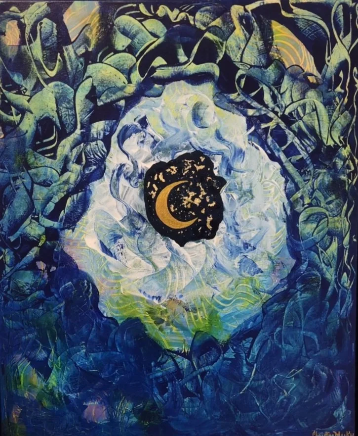 Abstract painting with swirling blue, green, and white colors, featuring a black sun and moon symbol at the center.