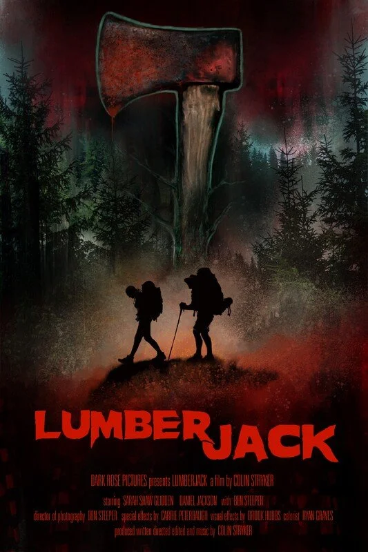 Silhouettes of two people with backpacks and hiking gear walking through a forest at night, with a large bloodstained axe suspended above them, and the movie title 'LUMBERJACK' in red at the bottom.
