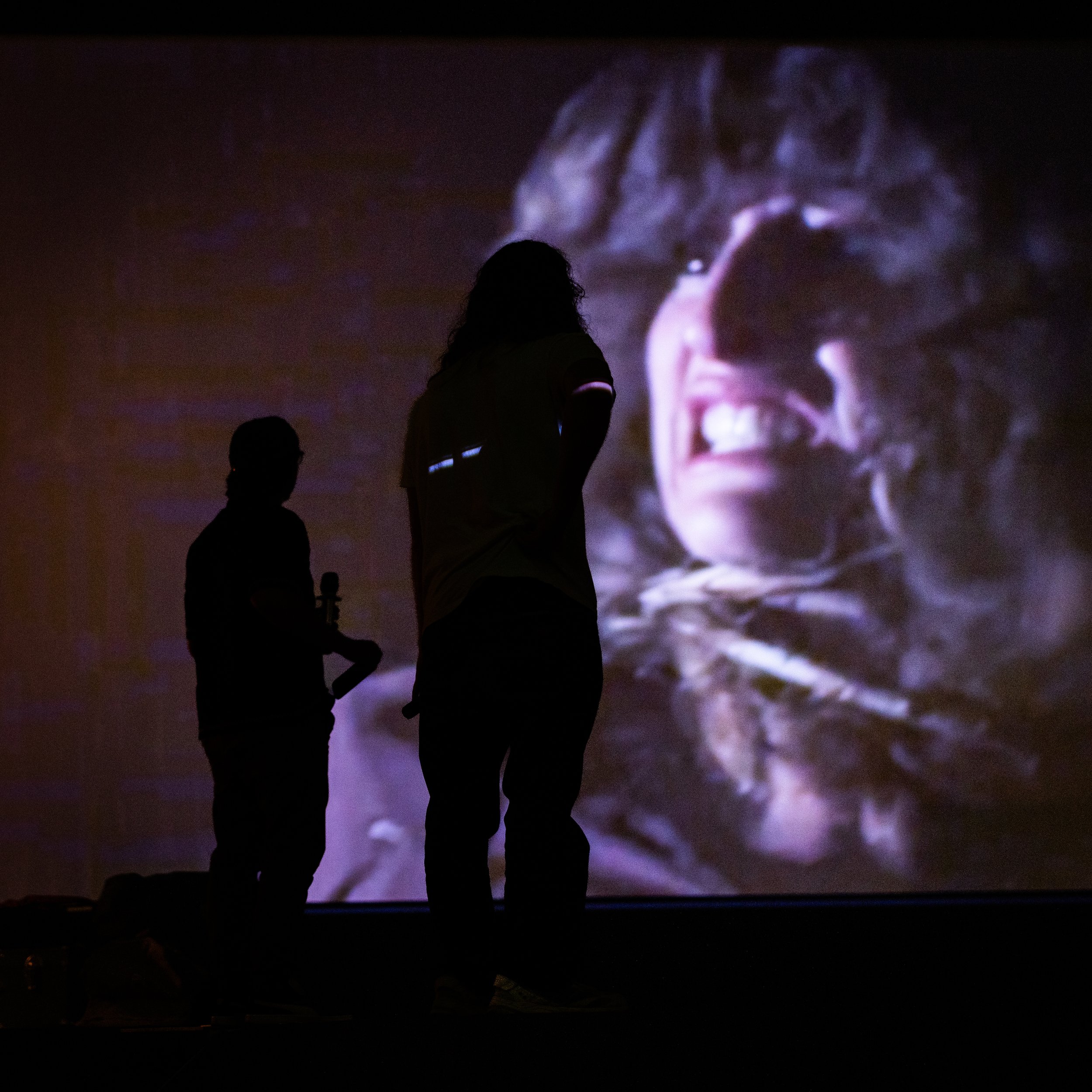 Two silhouetted people standing in front of a large screen displaying a close-up image of a person's face showing tears and distress.