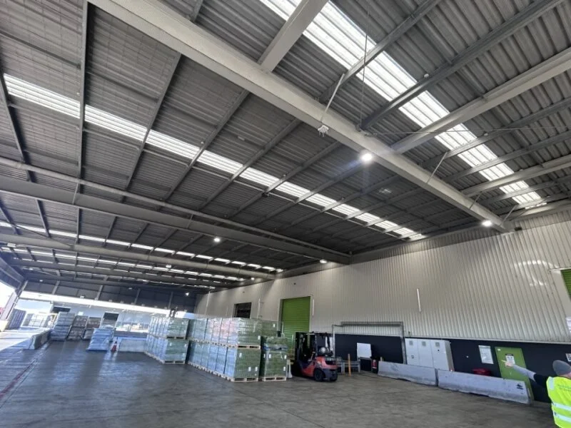 Interior view of a warehouse canopy with bird netting. Bird proofing to stop birds.